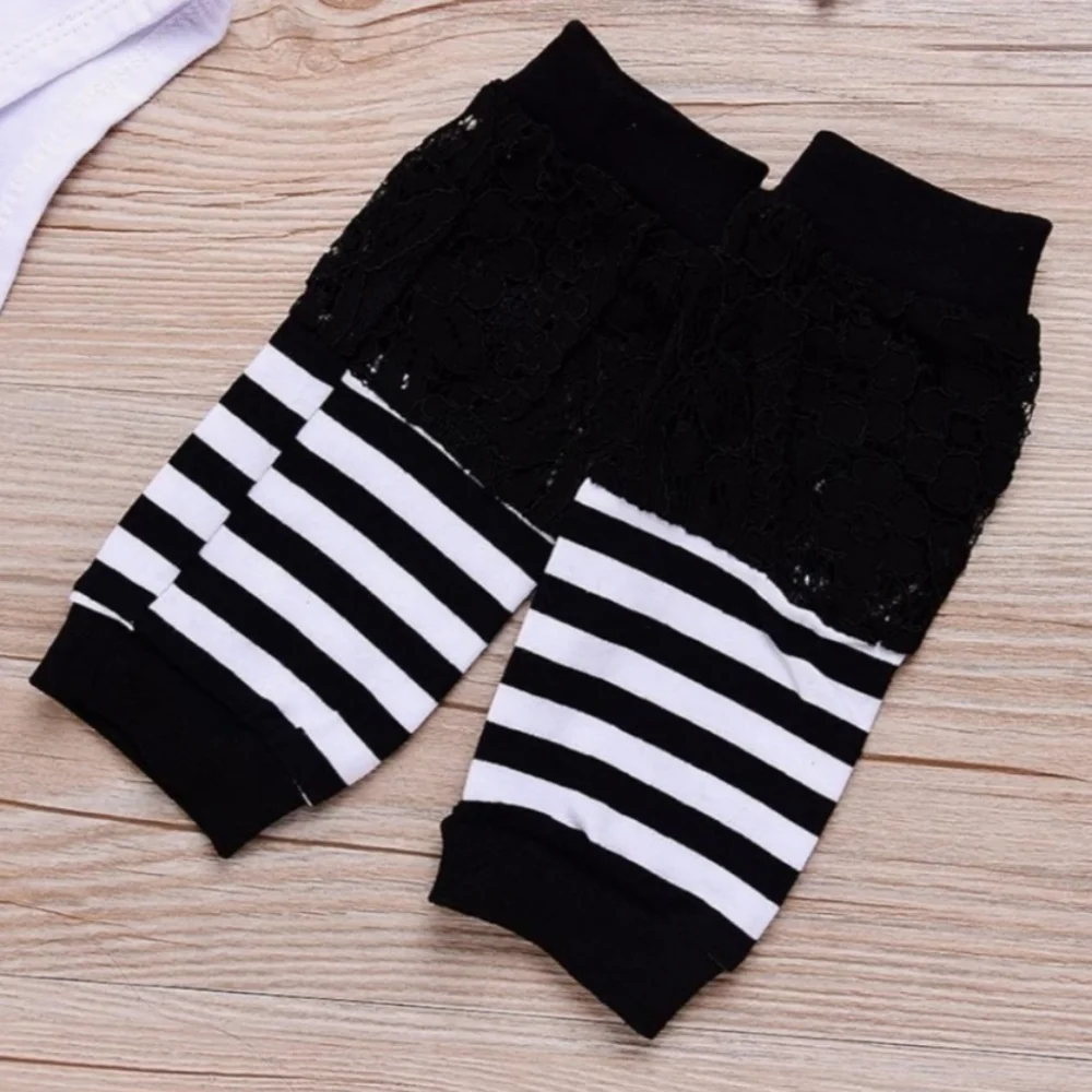 Baby Girl White Onesie Lace Striped Leg Warmers & Bow Hairband 3Pc Kids Set 0-3M